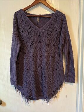 Free People Cross My Heart Cable Knit Sweater Purple Long Sleeve Raw Hem Sz M
